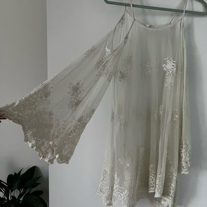 Lace translucent boho swim coverup - beige